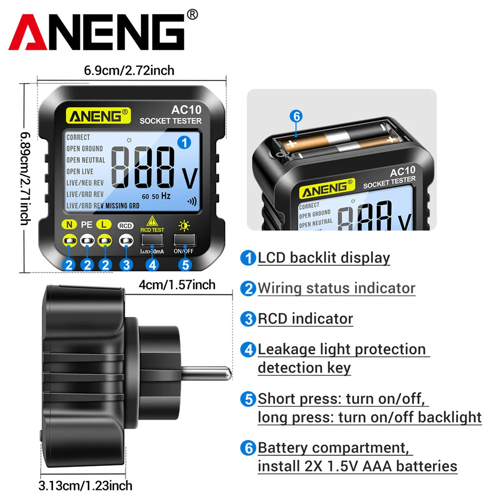 ANENG AC10 مأخذ (فيشة) ذكي تستر الولايات المتحدة/الاتحاد الأوروبي التوصيل المتعدد كاشف المكونات الرقمية صفر خط النار قطبية المرحلة تحقق كاشف المرحلة