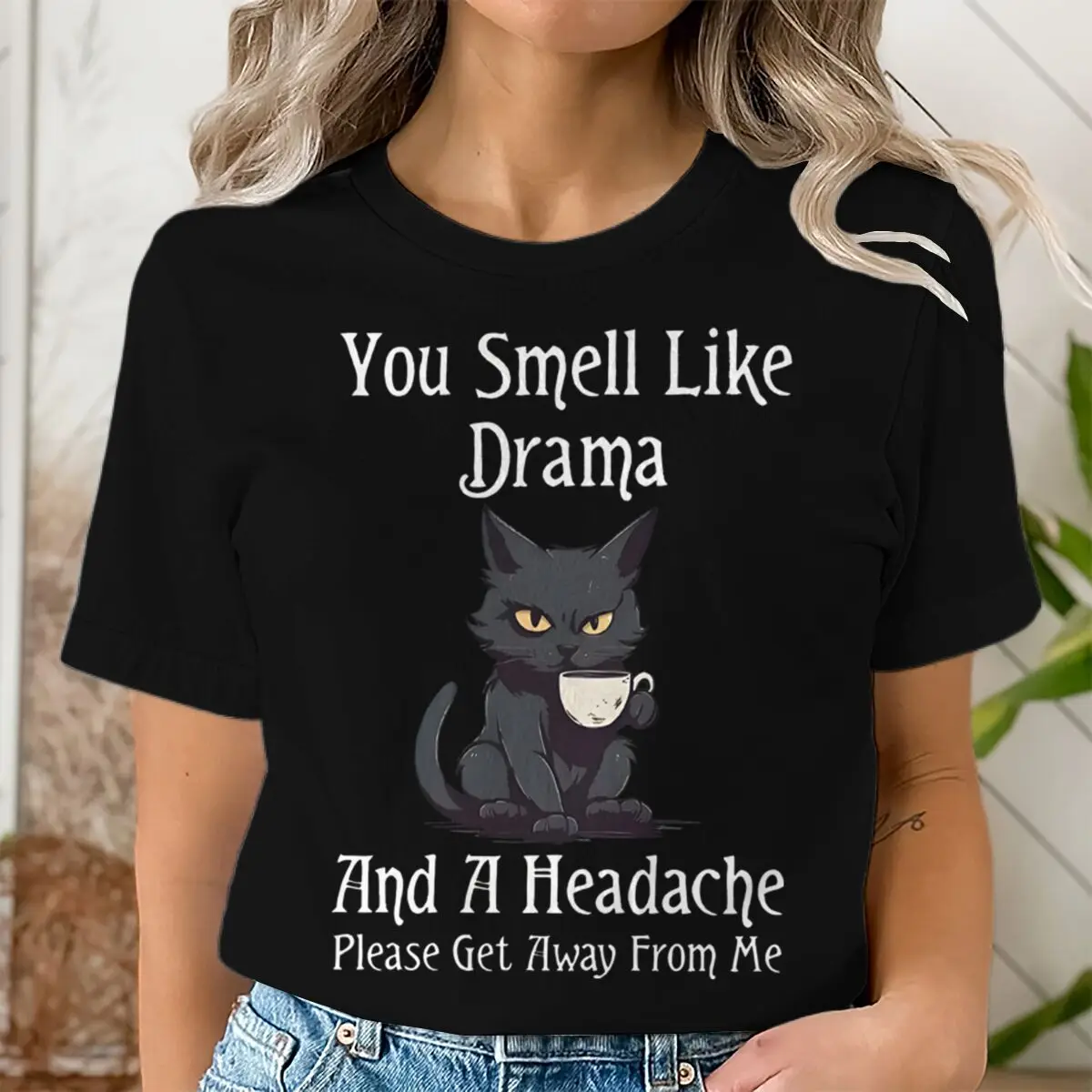 You Smell Like Drama Black Cat Coffee T-shirt Unisex Funny Sarcastic Cat Lover Graphic Tee Casual Women Men Short Sleeve Tops