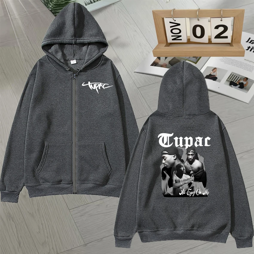 Tupac 2pac Graphic Double Sided Print Autumn Winter Zip Up Long sleeve Hoodie Men Women Loose jacket Fleece Unisex Zip Up Coats