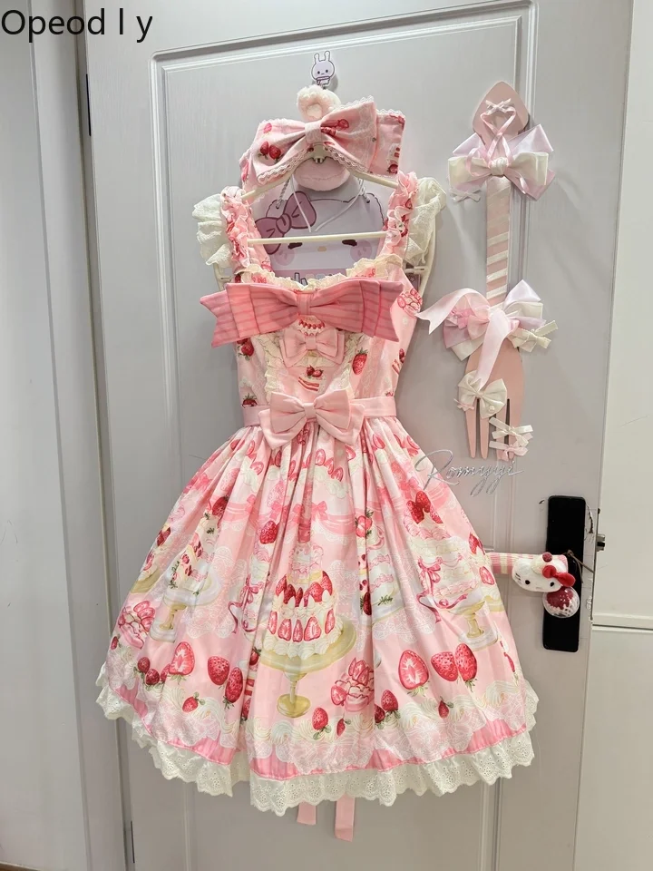 

Original Lolita Sweet Girl Strawberry Cake Jsk Dress 2026 Summer New Cute Bow Temperament Women Student Princess Dress