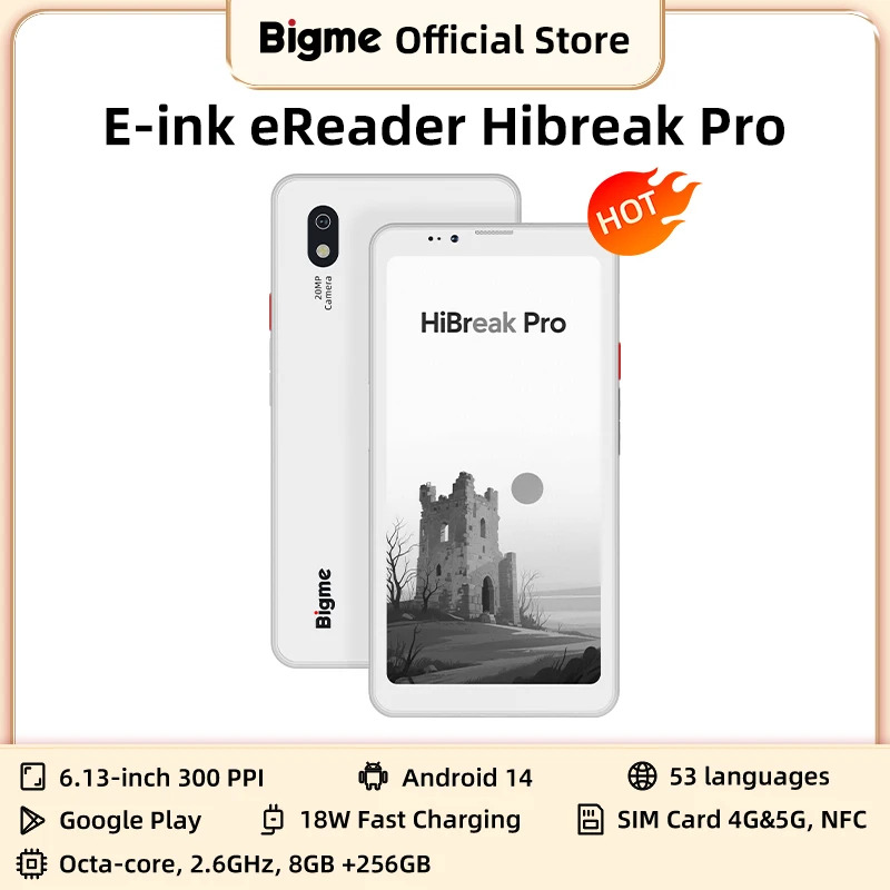 Bigme Hibreak Pro قارئ الكتب الإلكترونية بالحبر الإلكتروني مقاس 6.13 بوصة، كاميرا مزدوجة 300 نقطة في البوصة، وحدة المعالجة المركزية 1080، 8+256 جيجابايت، Android 14 Open System ebook