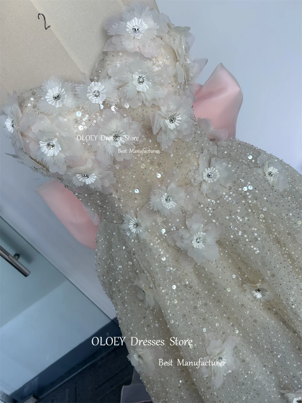 OLOEY-Robe de mariée courte en dentelle perlée, avec poignées, nœud amovible, pour patients, corset au dos, sur mesure