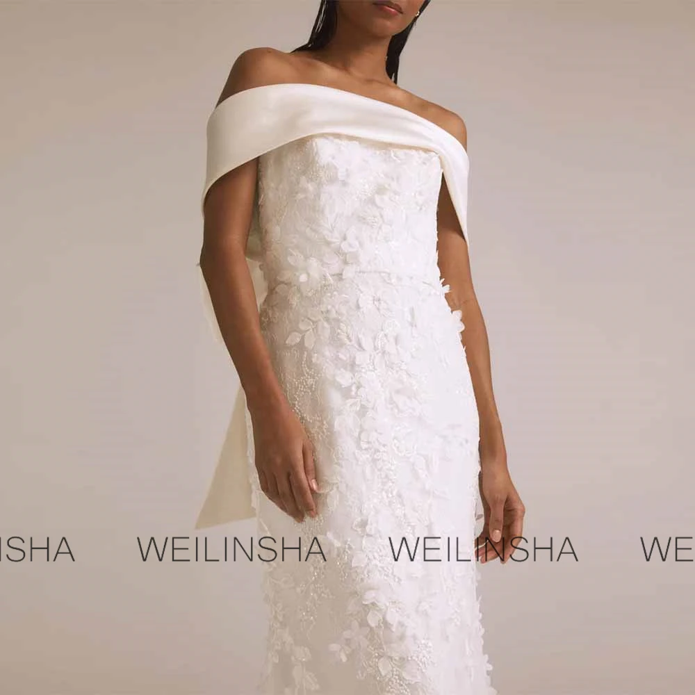 فساتين الزفاف التقليدية الساتان حورية البحر / فساتين الزفاف البوق للحفلات العاج خارج على الكتف القوس الذيل فساتين الزفاف #3