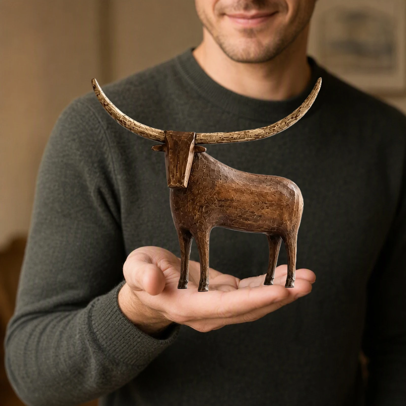 Vintage Longhorn Sculpture Resin Figurine Rustic Western Farmhouse Tabletop Statue Antique Folk Art Brown Ivory Finish