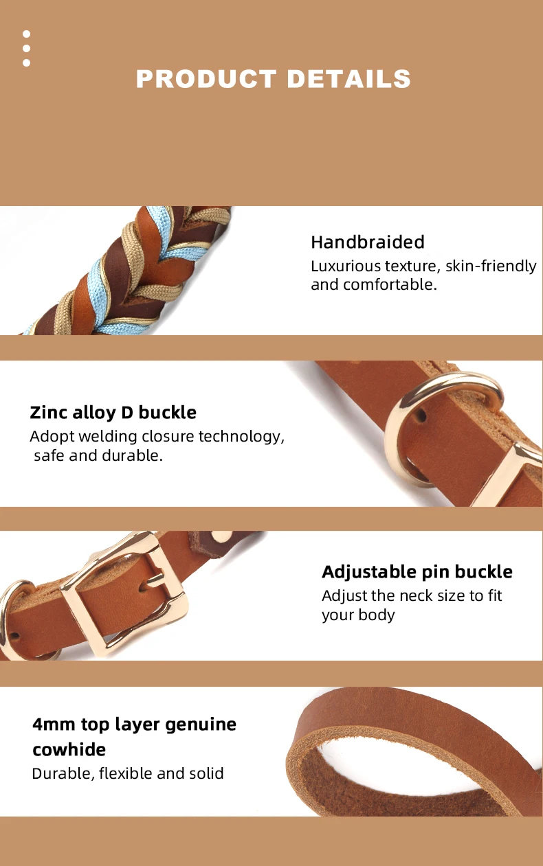Echtes Lederhalsband für starke und langlebige Welpen, mittelgroße und große Hunde, modisches geflochtenes buntes Nylonseil-Hundehalsband, neu eingetroffen – Detail 5