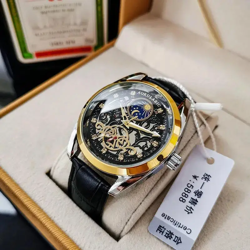 

AOKULASIC Luxury Automatic Mechanical Watch for Men Fashion Waterproof Luminous Moon Phase Star Sky Multi Function Mens Watch