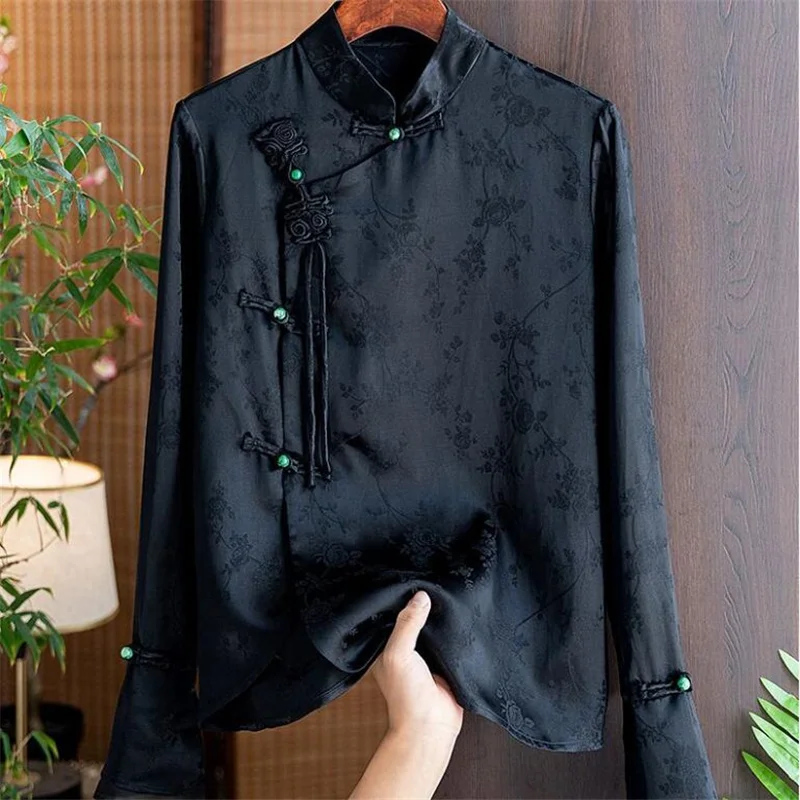 Vintage Jacquard Silk Blouse For Women Shirt Flared Sleeves Tops Retro Button Stand Collar Female Blouse Chinese cardigan Shirt