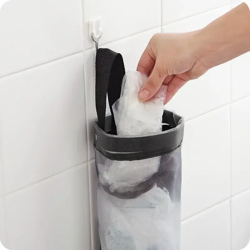 kkjoy Grey Mesh Wall Mount Storage Bag | Plastic Bags Dispenser | Reusable Hanging Pouch | Kitchen Garbage Organizer