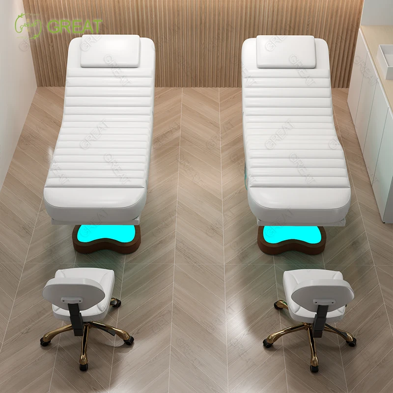 Luxury White Beauty Salon Cosmetic Lash Bed 3 Motor Electric Facial Spa Bed With Led Lighting