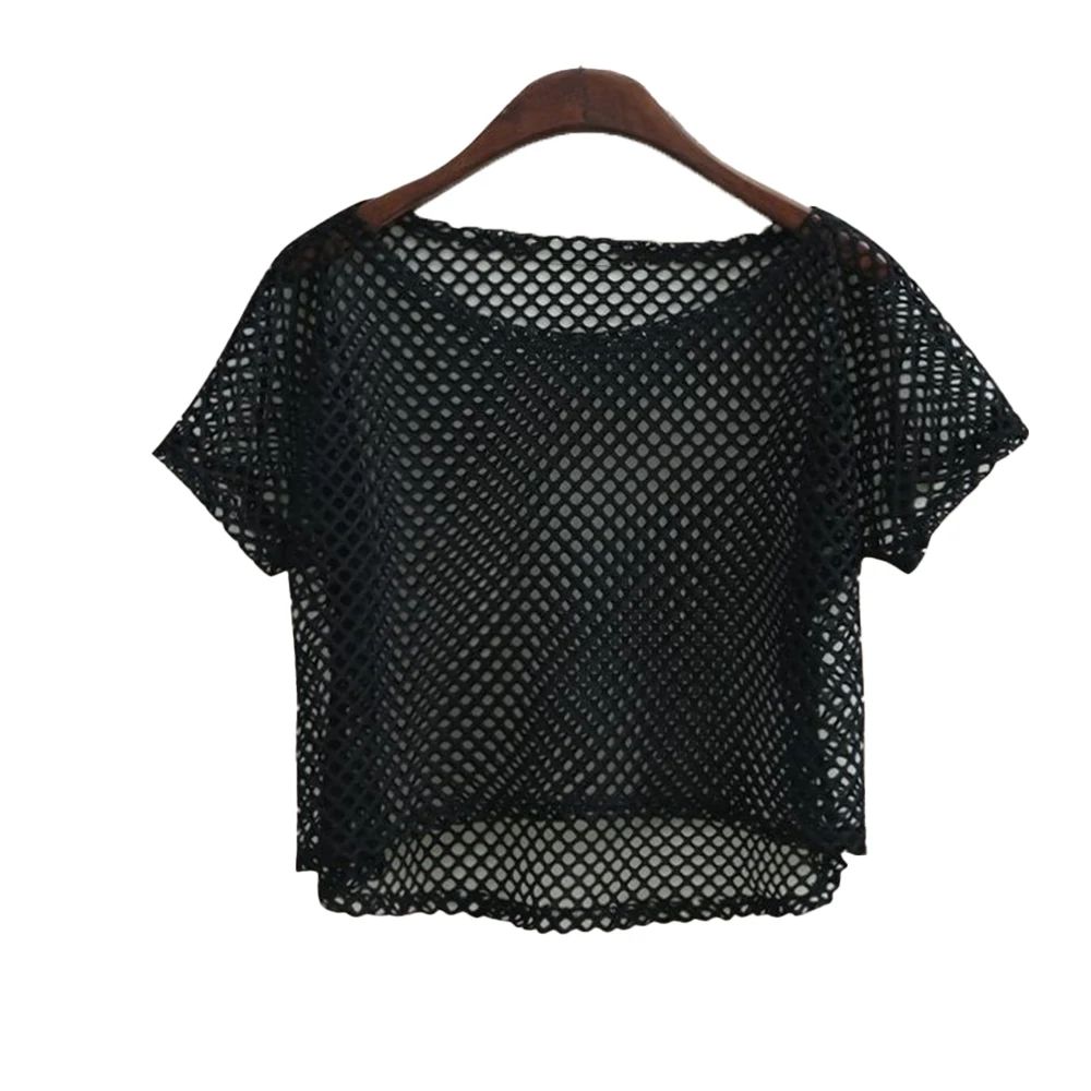 Top Women T-shirt Fashion Sexy Fishnet Solid Black White Crop Top Casual Summer See Through Woman Clothing Oversized Tees