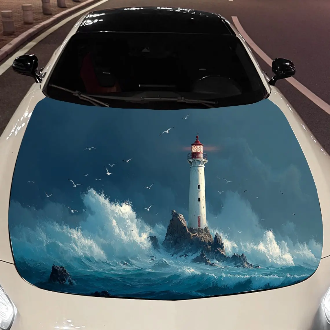 Lighthouse in Stormy Seas Car Vinyl Wrap, PVC Material Waterproof Car Hood Sticker, Self-Adhesive Scratch-Resistant Stickers for