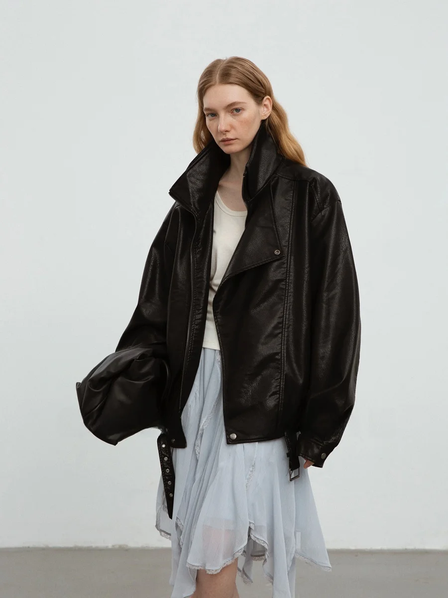 Kurtka damska Countonme jesienno-zimowa ze skóry PU, luźny krój, podwójny kołnierz, zapinana na zamek, ekologiczna.