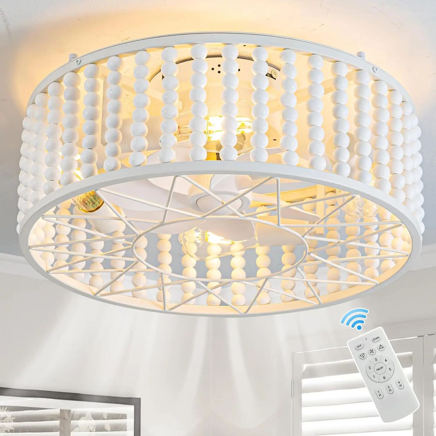 19.6-inch American style invisible luxury wood bead fan light retro dining room bedroom living room iron ceiling light 110V 220V