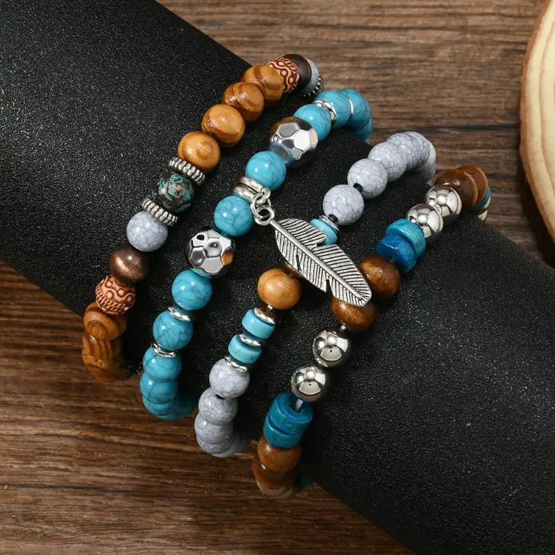 4-teiliges Set Bohemian Vintage Mehrschichtige Perlenarmbänder für Männer, Türkis, Ethnische Naturstein-Blätter-Armbänder, Geschenke für Freunde – Detail 4