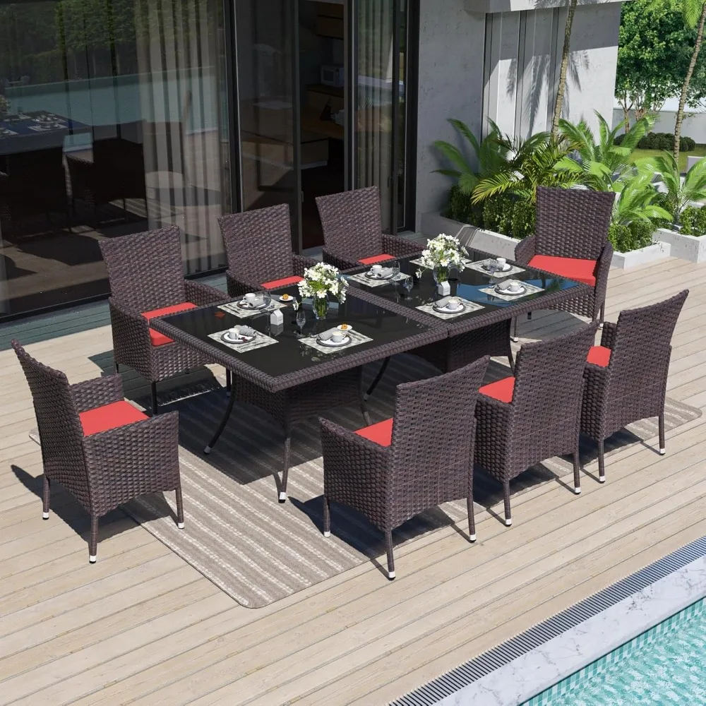 

Цельный обеденный набор для патио, всепогодный плетеный набор уличной мебели для патио со столешницей из закаленного стекла, съемными подушками и зонтиком