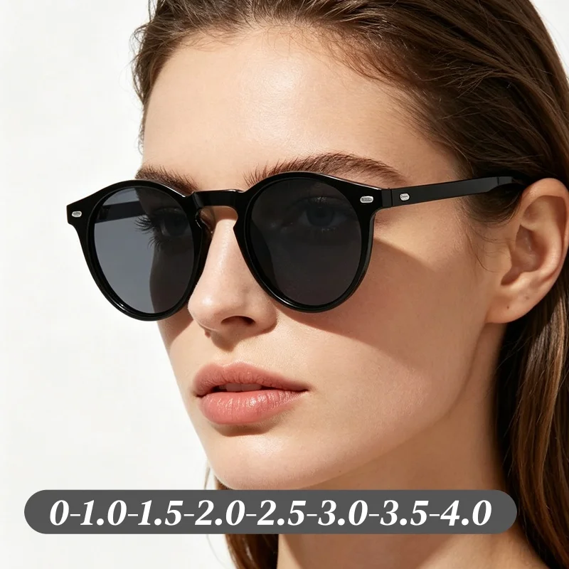 Stylish Round Frame Myopia Glasses Men Vintage Ultralight Gray Lenses Sunglasses Women New Trend Near Sight Eyewear 0-1.0-4.0