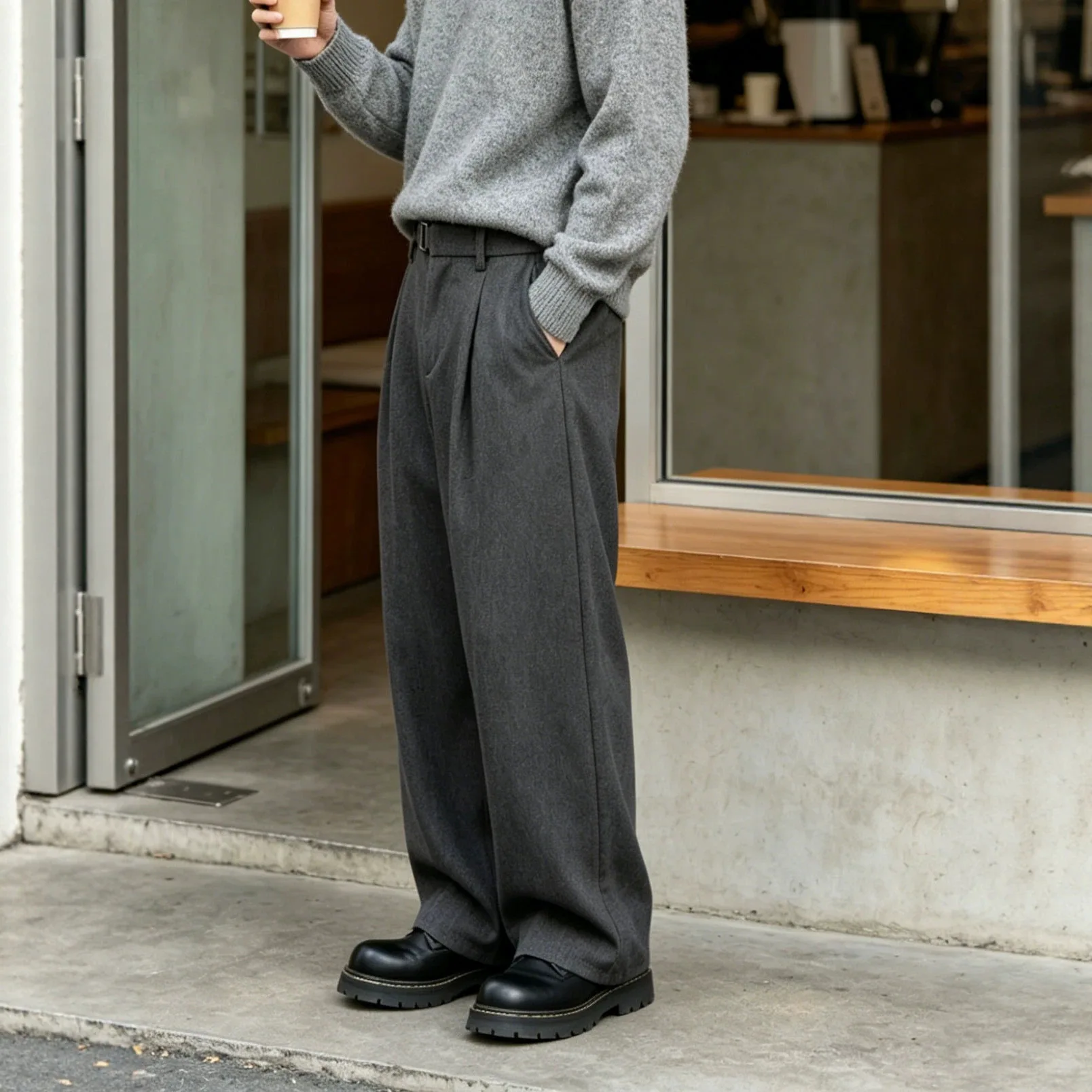 Men Black Grey Solid Color Loose Fit Floor Lengt Casual Trendy Daily Simple Basic Suit Pants New Fashion Male Bottom Clothes