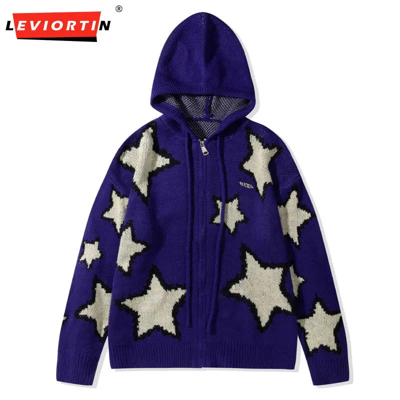 

Мужской вязаный свитер со звездным дизайном в европейском и американском стиле, модный универсальный свитер с длинными рукавами и капюшоном, куртка-кардиган