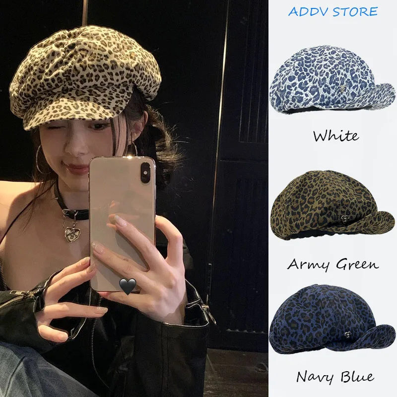 

Y2K British Leopard Berets Vintage Octagonal Cap Retro Elegant Ladies Painter Hats for Women Girl Cloud Beret Duckbill Gorra