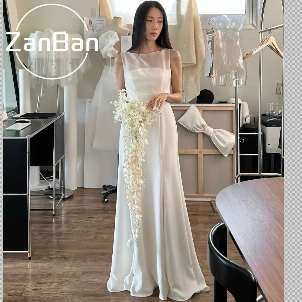ZanBan Simple Ivory 2026 Satin Wedding Dresses Customized O-Neck A-Line Corset Bridal Gowns Korea Wedding Dresses Photo Shoot