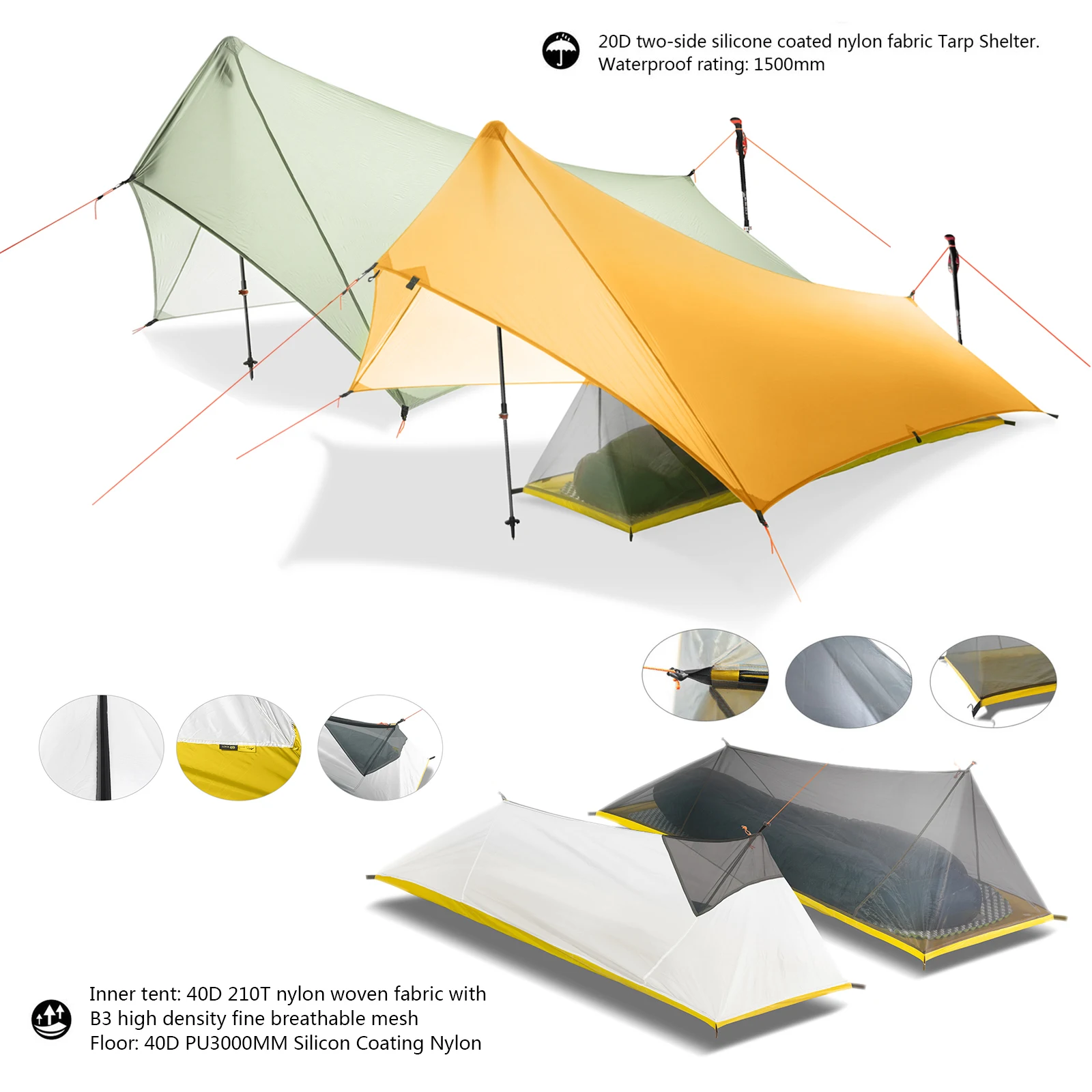 310g Ultralight Camping Shelter Rain Fly Tent Waterproof 20D Two-side Silicone Coated Nylon Camping Shelter Canopy Rainfly Tarp