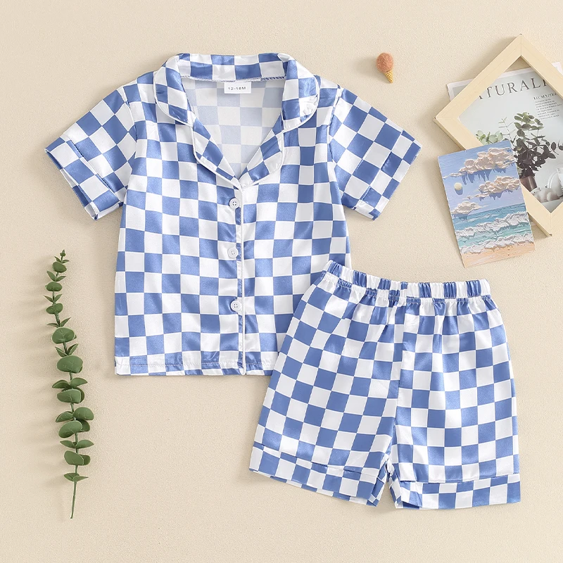 Baby Boys Summer Pajama Sets Short Sleeve Lapel Checkerboard Print Shirt Shorts 2 Pieces Sleepwear for 1 to 6 Years