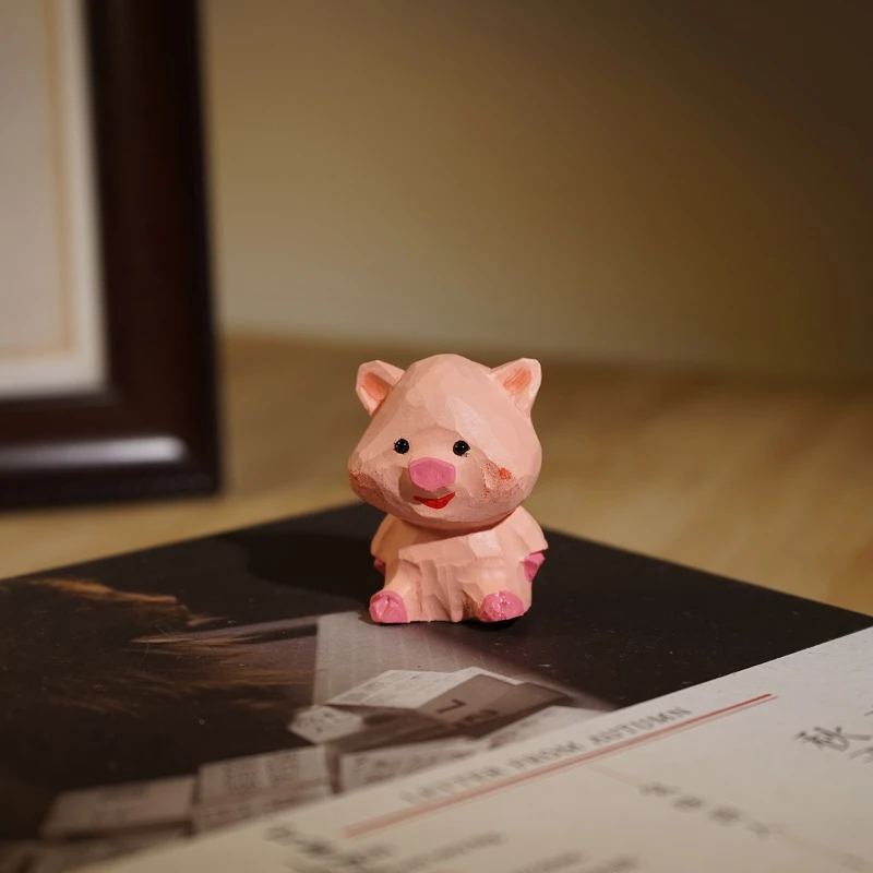 1 PC Pink Swine Hand Carved Wood Timber Sculpture Delicate Pig Statue Cute Animal Figurine DIY Bonsai Wooden Creature Ornament