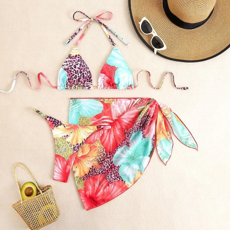 Mode Druck Bikini Set Bademode Frauen 3 Stück Sexy Halter Dreieck Bikini Push-Up Bandage Cover Up 2025 Neue Split Badeanzug