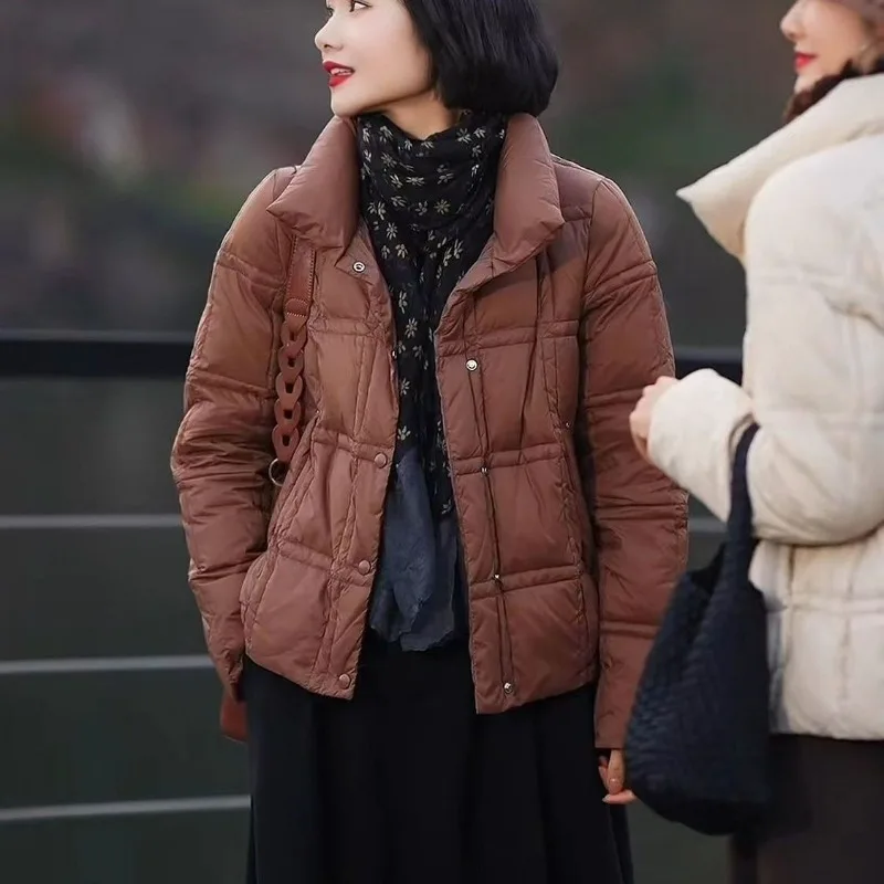 

Short Stylish Slimming High-end Retro Artistic Versatile Figure-hugging Stand-up Collar White Duck Cotton Coat for Petite Women