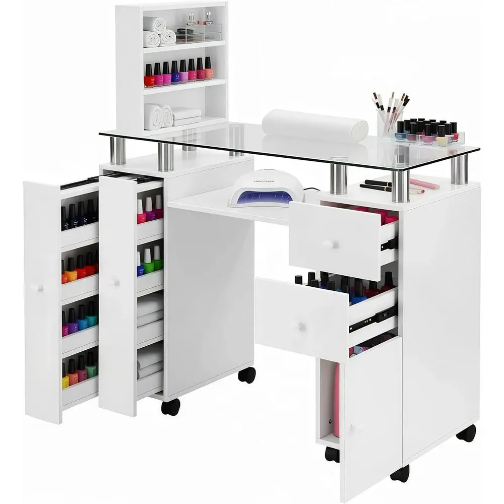 

Glass Top Nail Technician Desk with Wrist Cushion, Storage, and Adjustable Shelves