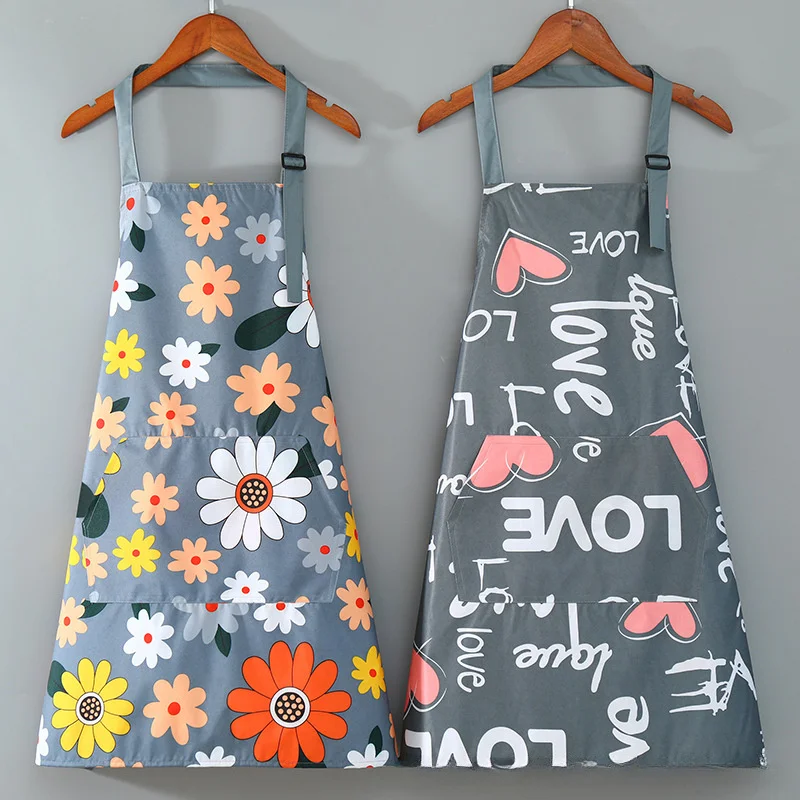 1pc Waterproof Oil-proof Floral Print Kitchen Apron with Adjustable Neck Strap Pockets, Anti-stain Cooking Bib for Women Baking