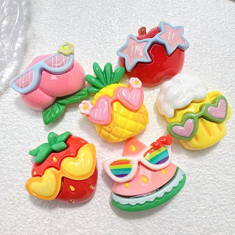 10PCS Resin Kawaii Colorful Cool Glasses Cartoon Strawberry Peach Pineapple Flat Back Stone Scrapbook Figurines DIY Decor Crafts