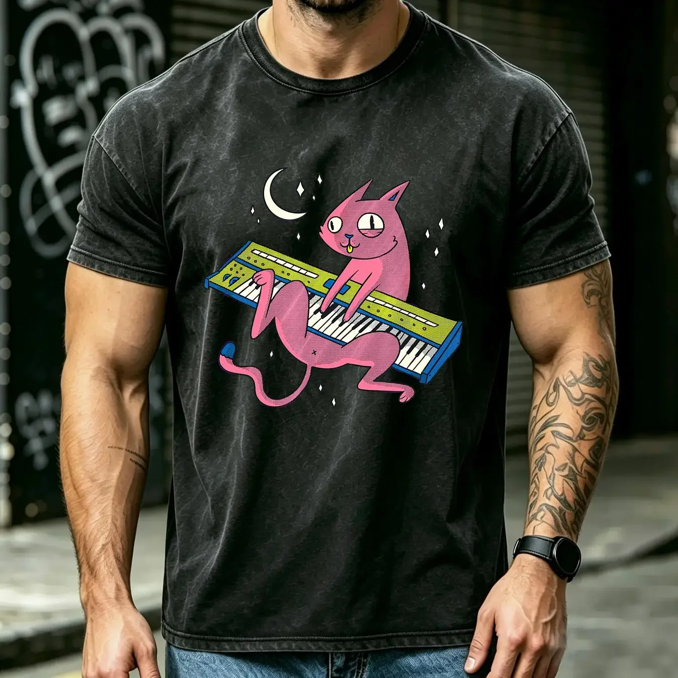 washed T Shirt Analog Synth Cat Retro Synthesizer Music Producer Funny Size S 5XL vintage Washed homme streetwear Comfortable