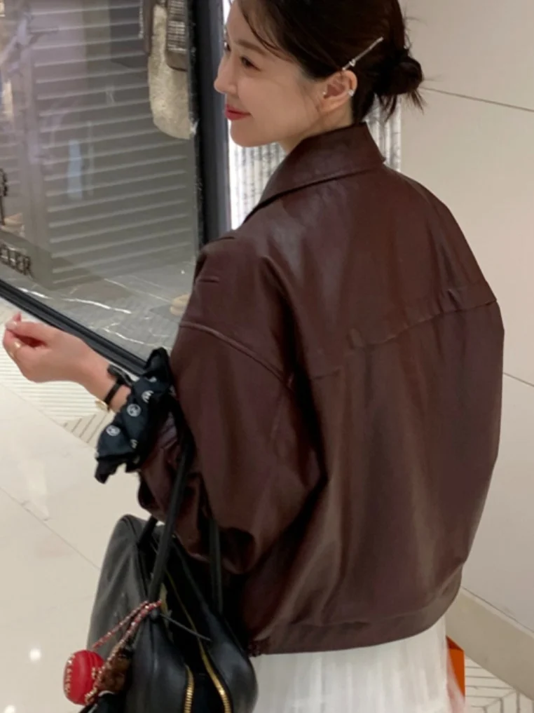 High-End Retro Lapel Neutral Casual Motorcycle Jaet PU Leather Women's Korean Sle Versatile Bla Outerwear