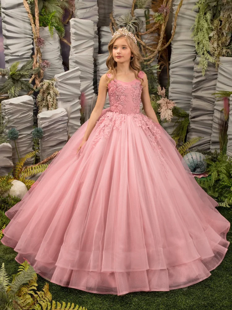 Vestido de tul Rosa polvoriento para niña, apliques hinchados con cola sin mangas para boda, fiesta de cumpleaños, banquete, vestidos de princesa