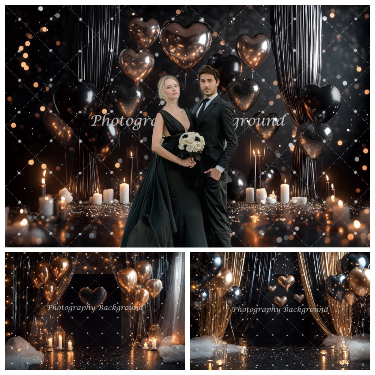 Golden Balloons Wedding Decoration Backgrounds for Photographs Black Curtains Wall Party Decor Photography Backdrop Photobooth