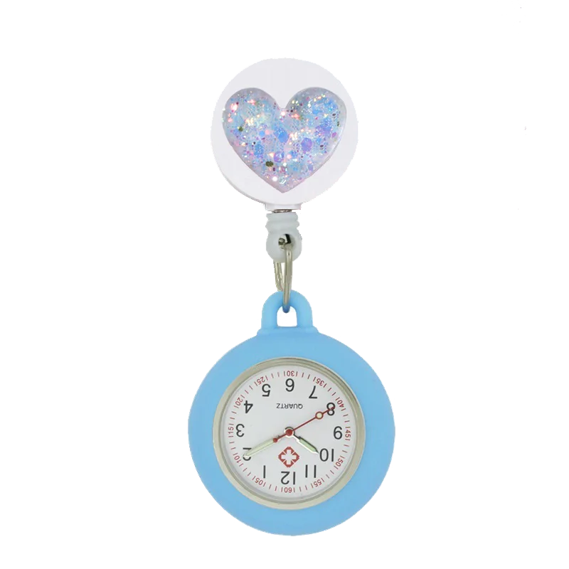 YIJIA-reloj de bolsillo para enfermera, accesorio con purpurina en polvo, corazón, carrete de insignia retráctil, con funda de silicona y puntero luminoso