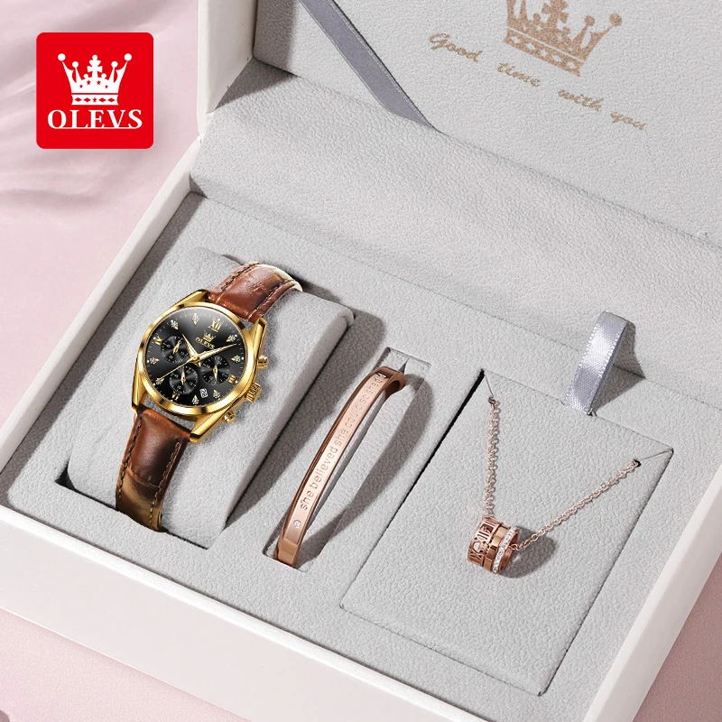 

OLEVS 5523 женские часы многофункциональный хронограф кварцевые наручные часы кожаный ремешок водостойкий светящийся набор браслетов для часов Reloj