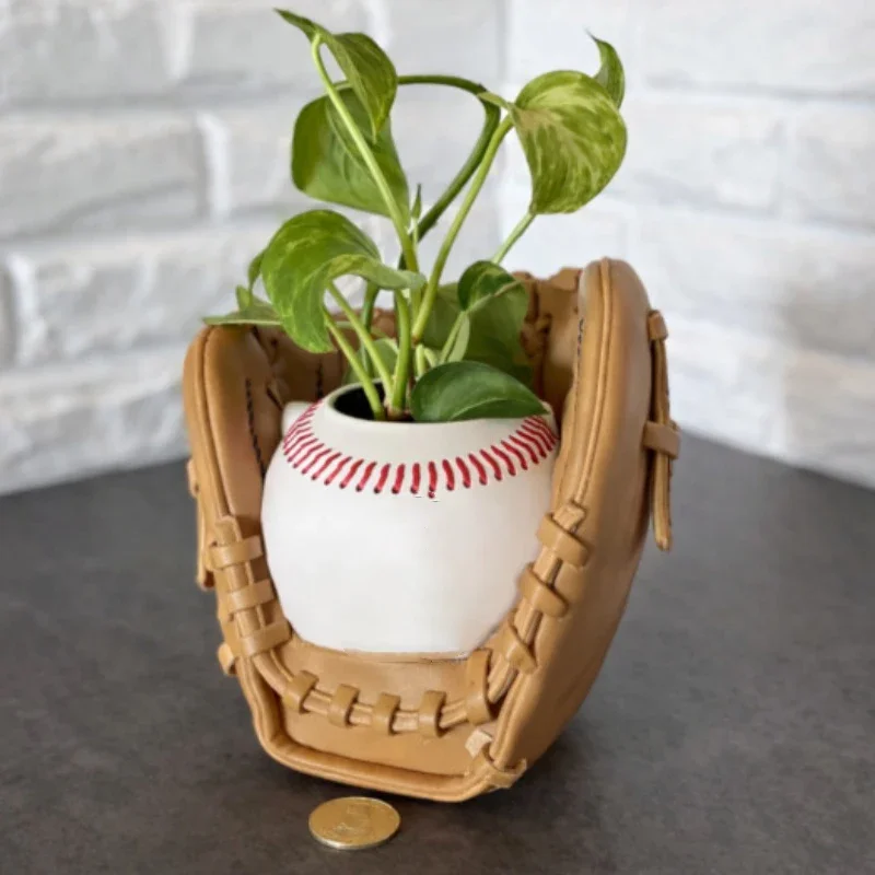 Baseball Glove Flower Pot Creative Baseball Shape Resin Planter Sports Theme Mini Succulent Plant Pot Desktop Decor