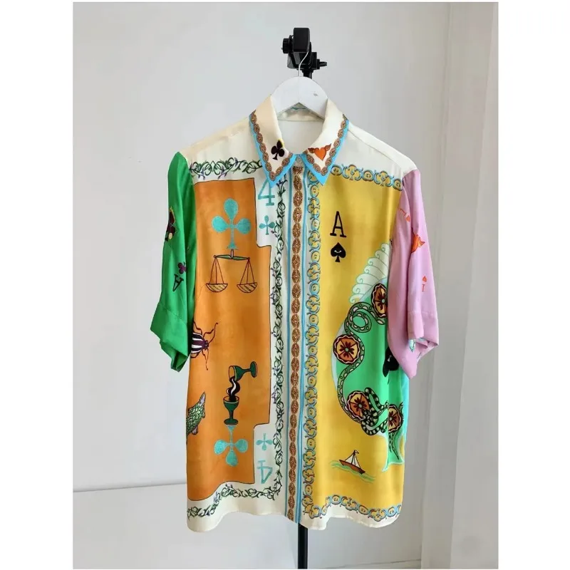 2024 Summer New Fashion Trend Women's Card-print Lapel Short-sleeved Shirt and High-stretch Waist Shorts Two-piece Set