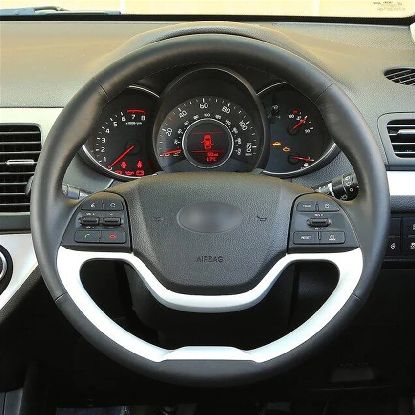 

Hand-Stitched Non-slip Durable Black Leather Steering Wheel Cover Wrap for Kia Morning 2011-2016 Picanto Interior Accessories
