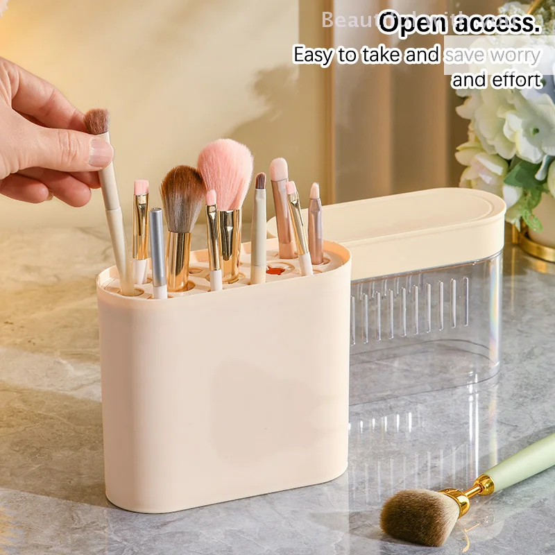 Makeup Brush Dustproof Storage Box With Lid Puff Washer Sponge Cleaning Drying Rack Holder Cosmetic Brush Organizer 13 Holes