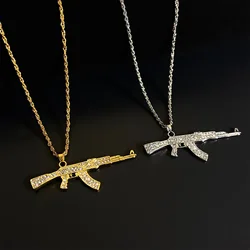 ZAKOL Hiphop&Rock AK47 Rifle&Gun Pendant Necklaces For Men Women Crystal Metal Clavicle Chain Choker Party Daily Jewelry Gifts