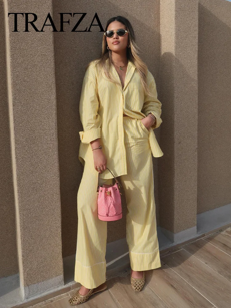 TRAFZA 2024 Fashion Women Pants 2 Piece Set Casual Loose High Waist Pant+ Yellow Striped Lapel Shirt Elegant Holiday Style TRAF