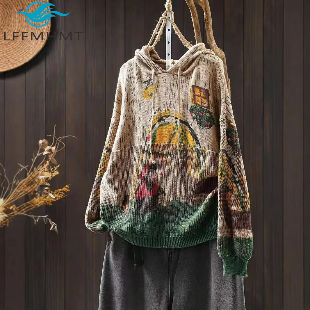 

Autumn Winter Vintage Printed Cotton Hooded Knit Sweater for Women Loose Comfortable Style Elegant Fashionable Ladies Pullover