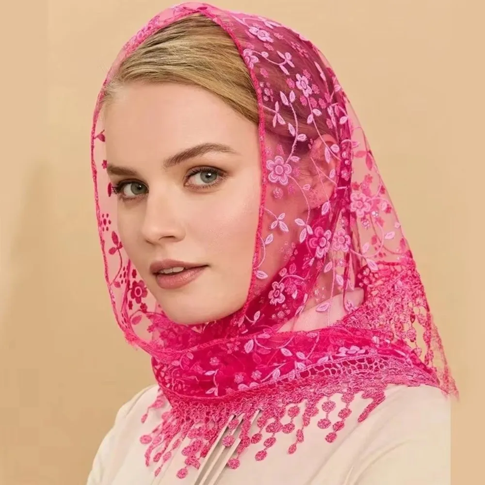 Breathable Floral Lace Shawls Embroidered Tassel Spanish Lace Mantill Thin Elegant Lace Flower Lace Triangle Scarf Women Wedding
