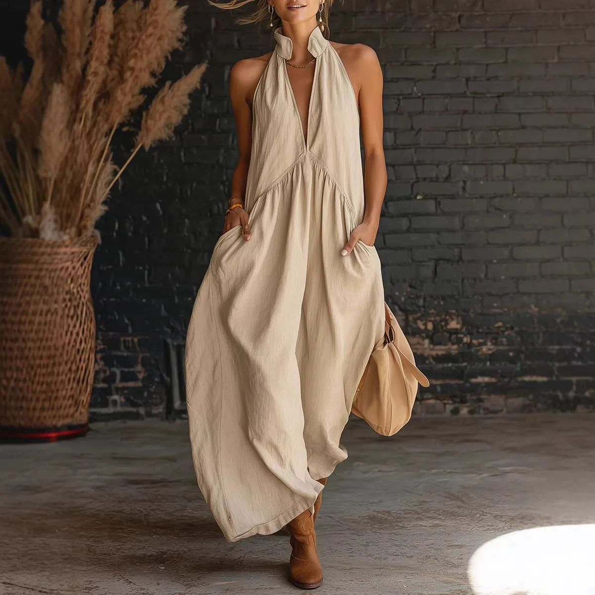 Modisches Ärmelloses Maxikleid für Damen Sommer 2026 Lässiges Schulterfreies Einfarbiges V-Ausschnitt Langes Kleid Elegant