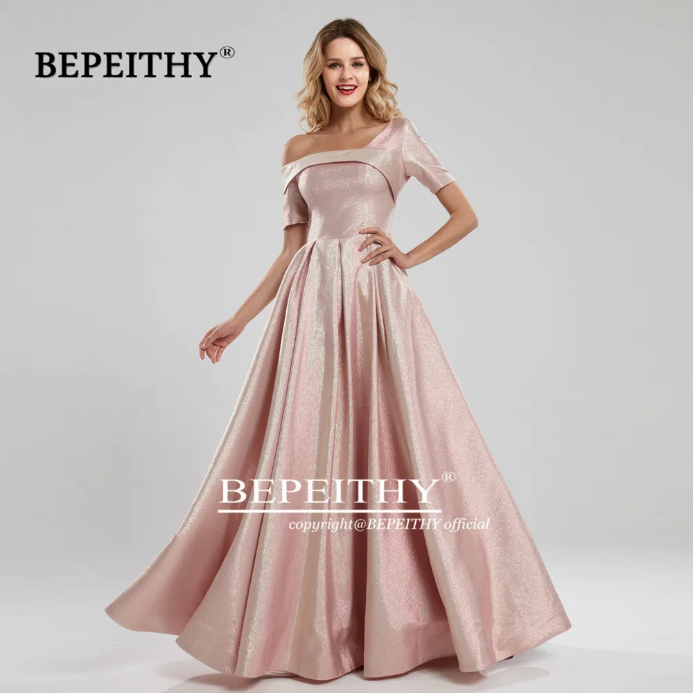 BEPEITHY Customized One Shoulder Short Sleeves Long Evening Dresses Pink Glitter Prom Dress 2023 Vestido De Fiesta De Boda