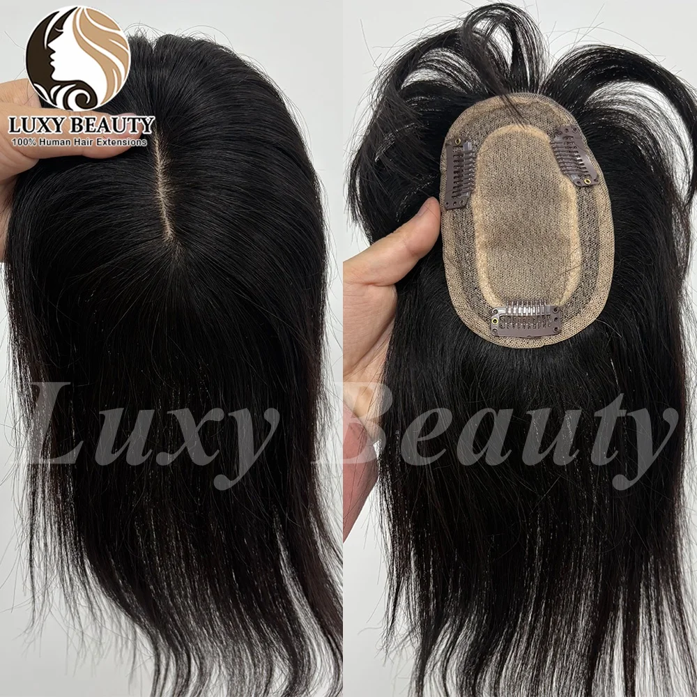 Brown Human Hair Toppers With Bangs for Women 8cmX12cm Black Highlights Blonde Skin Scalp Clip in Topper Hair Pieces Human Hair
