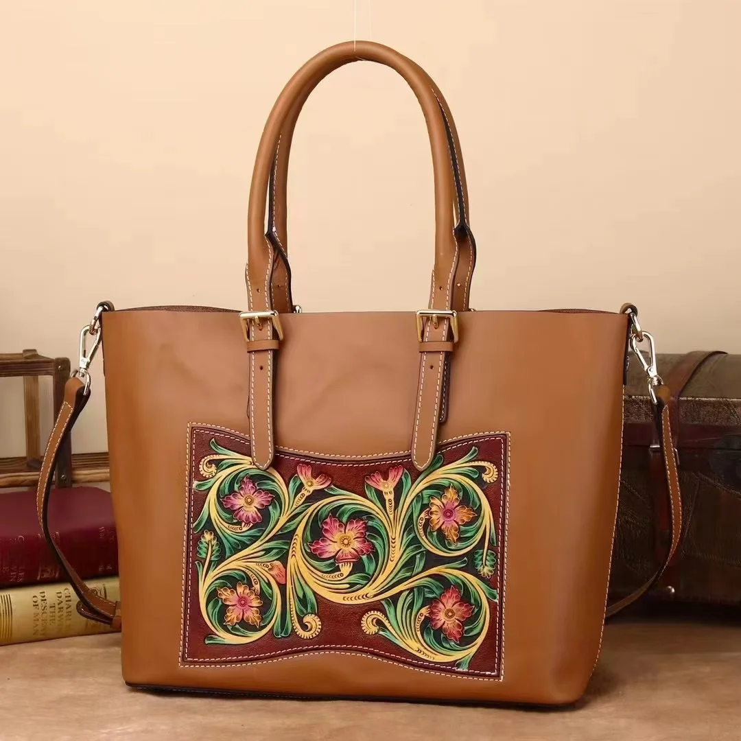 

Hand-made leather Carving Genuine Leather Handbag Women Large 3D Floral Ladied Real Cow Leather Top-handle Tote Bag